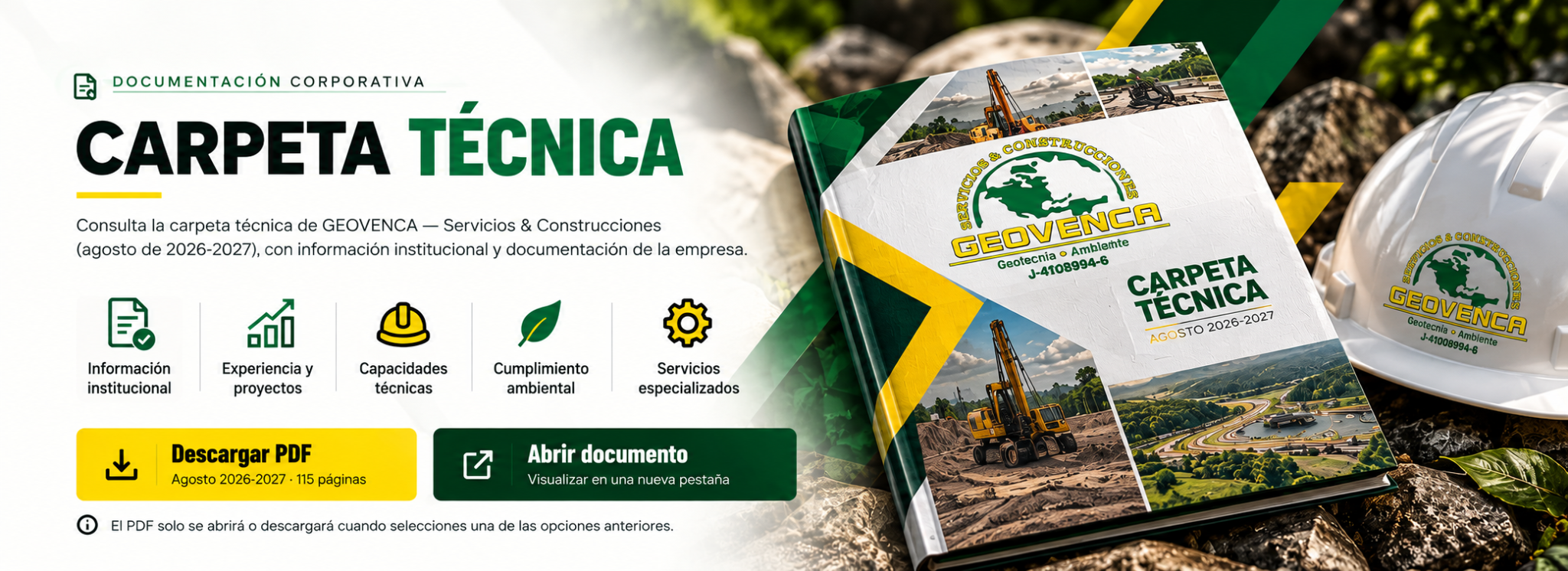 Carpeta técnica GEOVENCA agosto 2026-2027, casco de seguridad y opciones de consulta