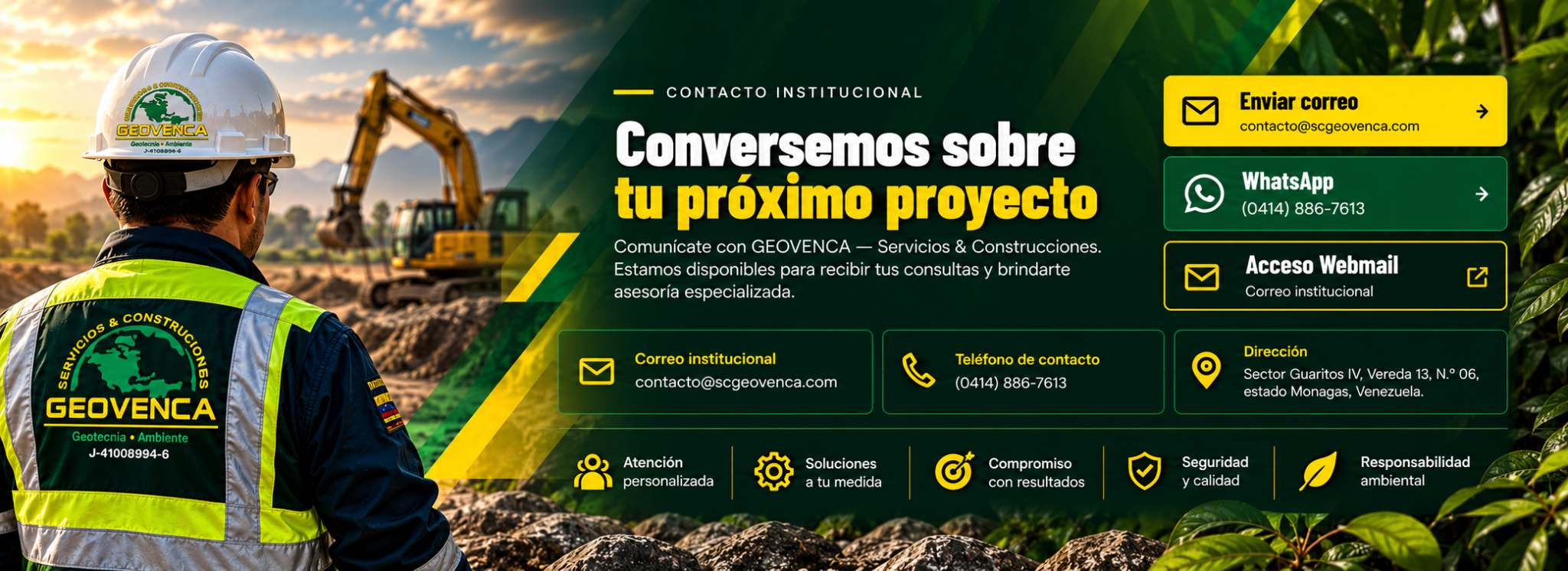 Contacto institucional GEOVENCA, trabajador con logotipo oficial, correo, WhatsApp, webmail, teléfono y dirección